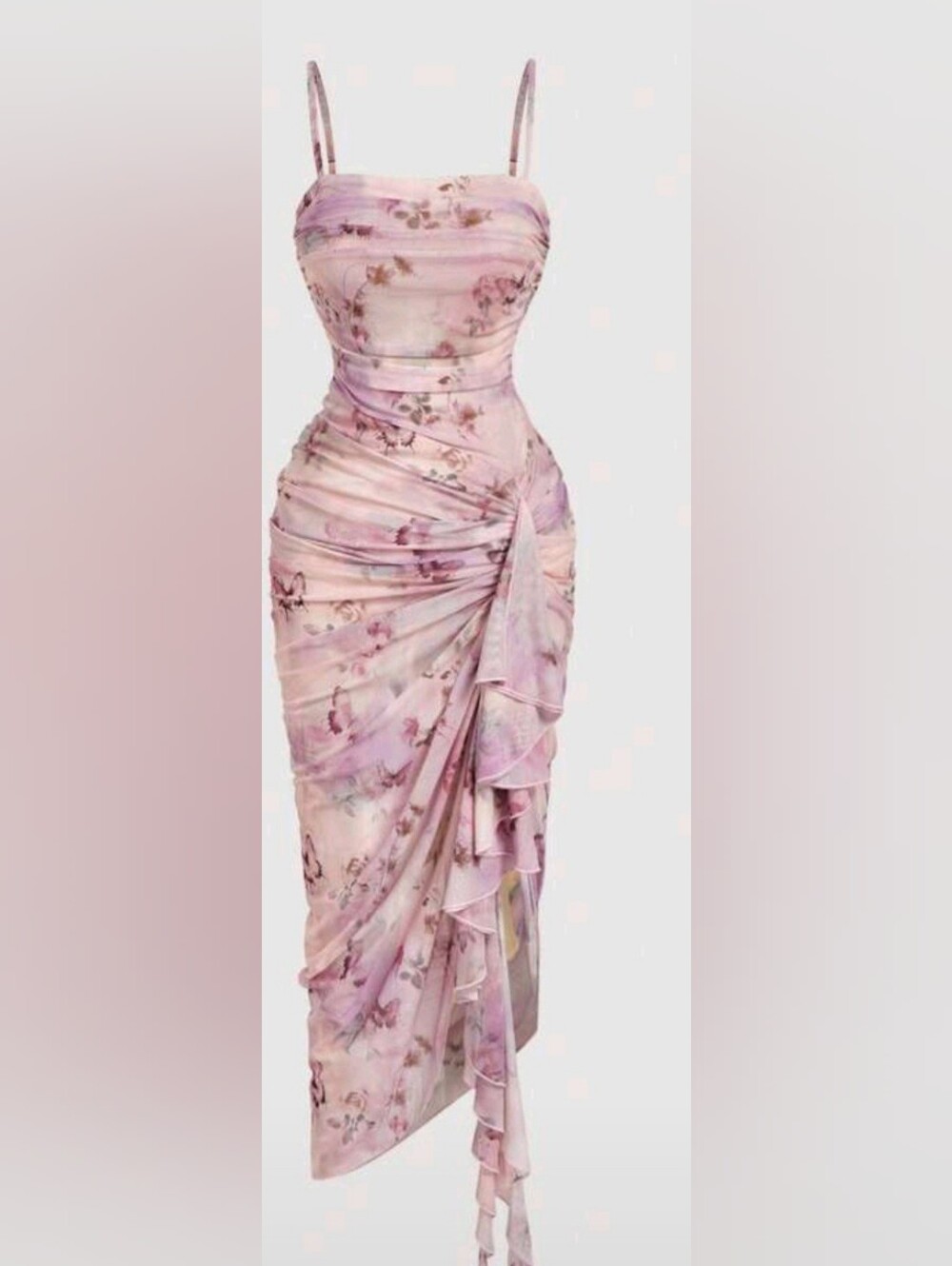 Elegant Pink Floral Ruched Spaghetti-Strap Dress